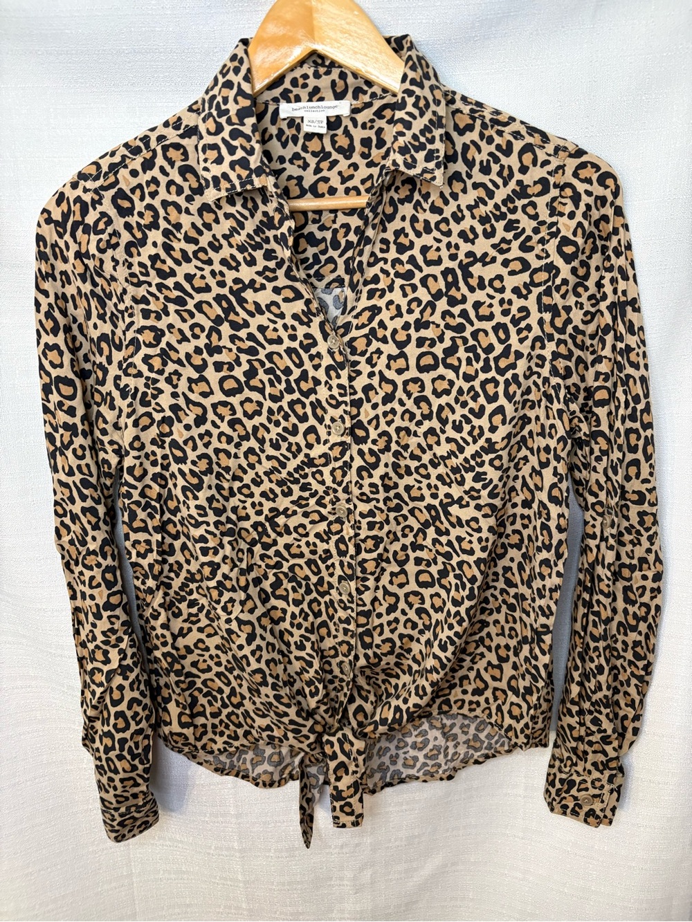 beachlunchlounge Leopard Print Button-Down Tie Front Shirt - Tan/Black